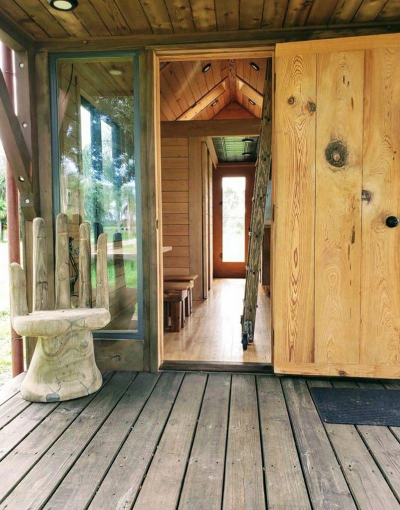 Reclaimed wood tiny house porch