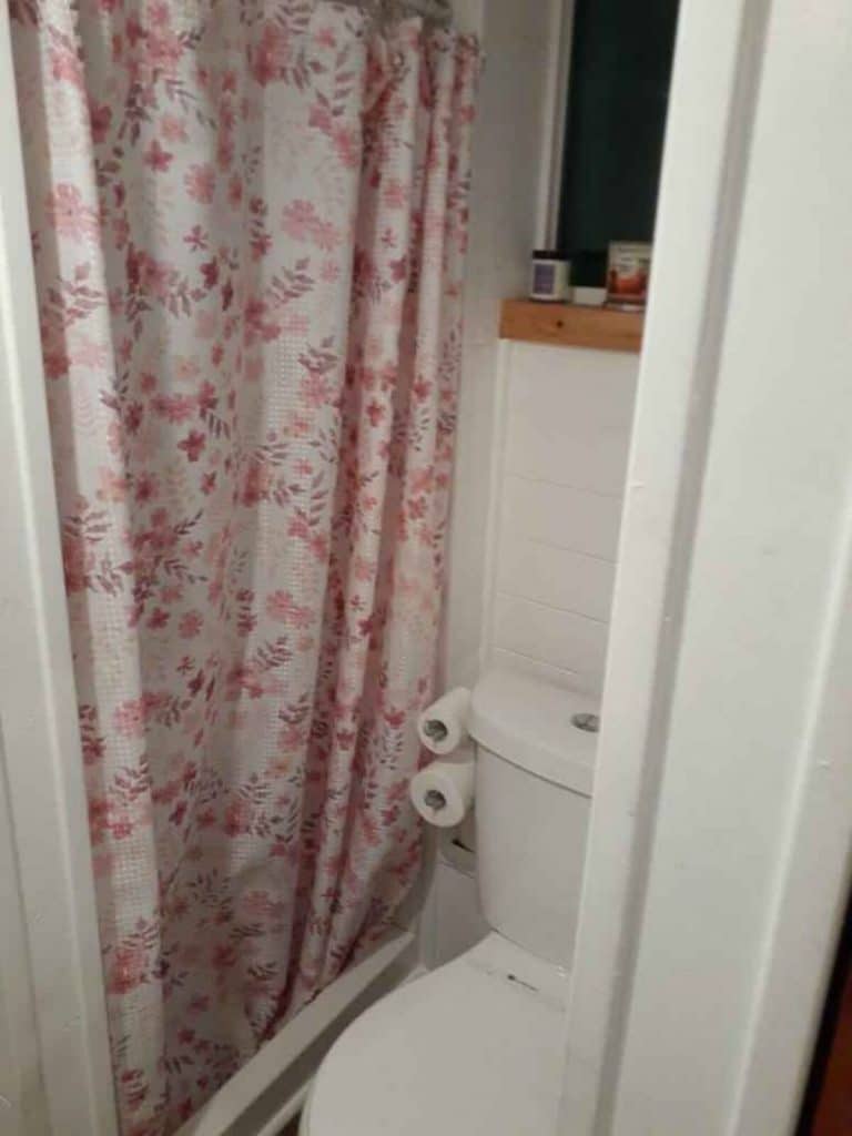 Shower with pink curtain