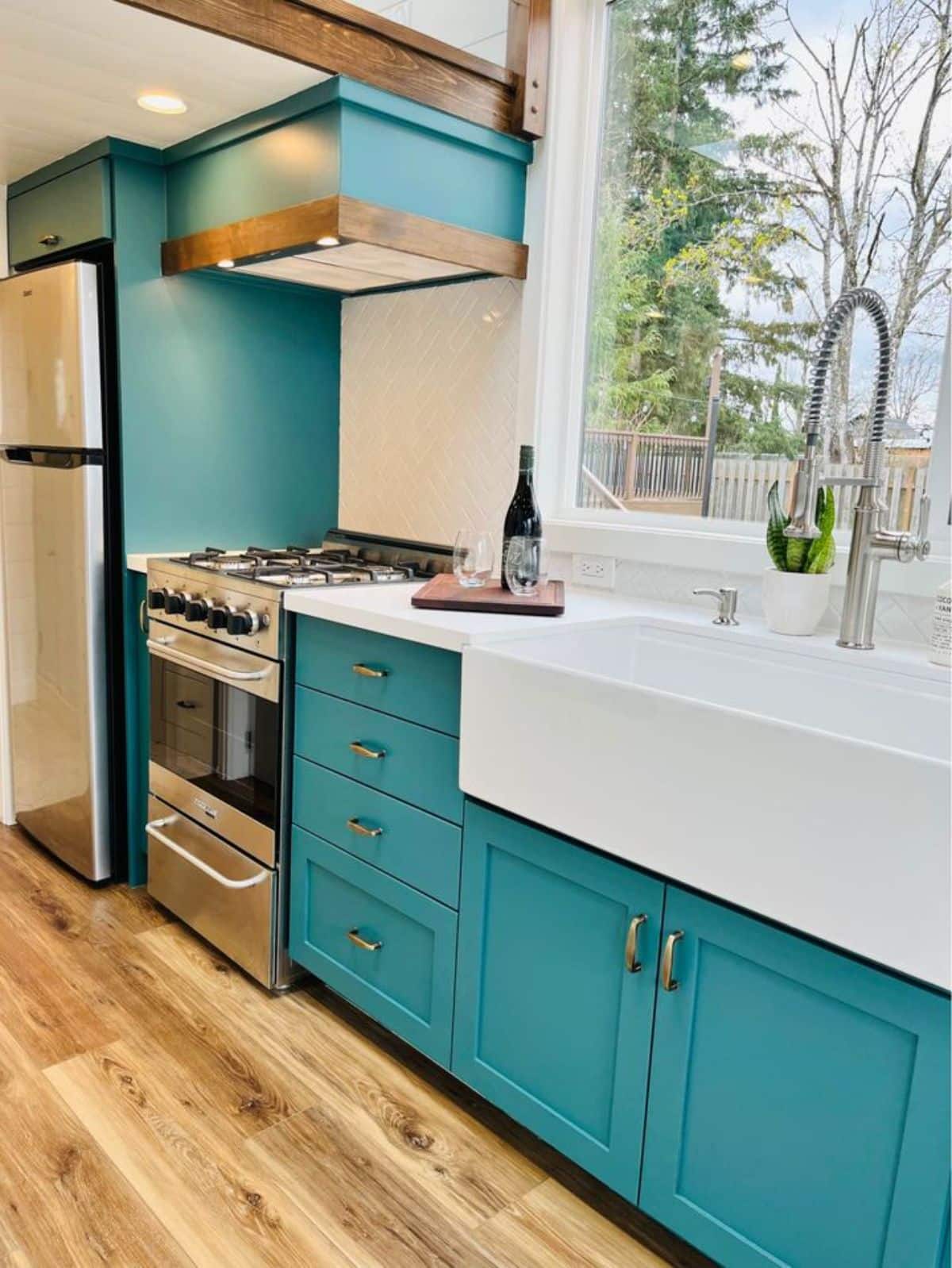 long kitchen countertop with storage cabinets
